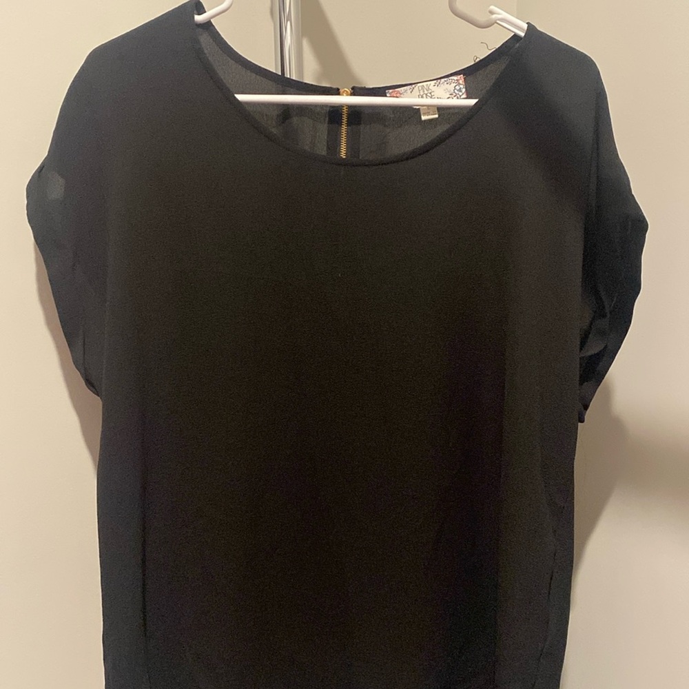 Pink rose; black semi-sheer shirt Lg